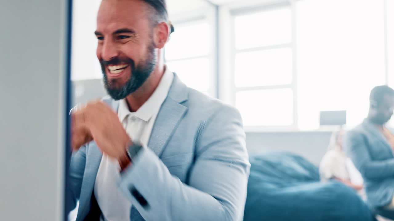 Happy, computer and businessman celebrating