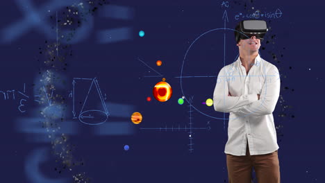 ecuaciones matemáticas y sistema solar flotando contra el hombre usando auriculares vr