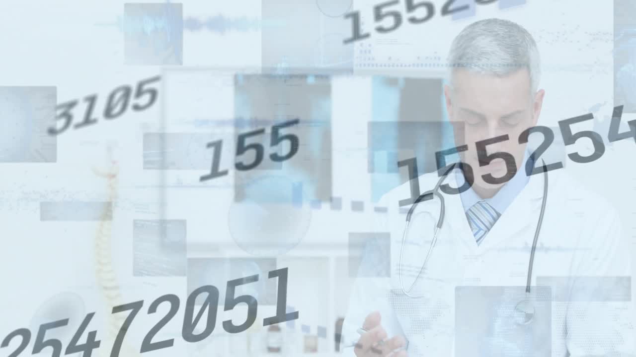 animación de números y procesamiento de datos sobre el médico caucásico masculino