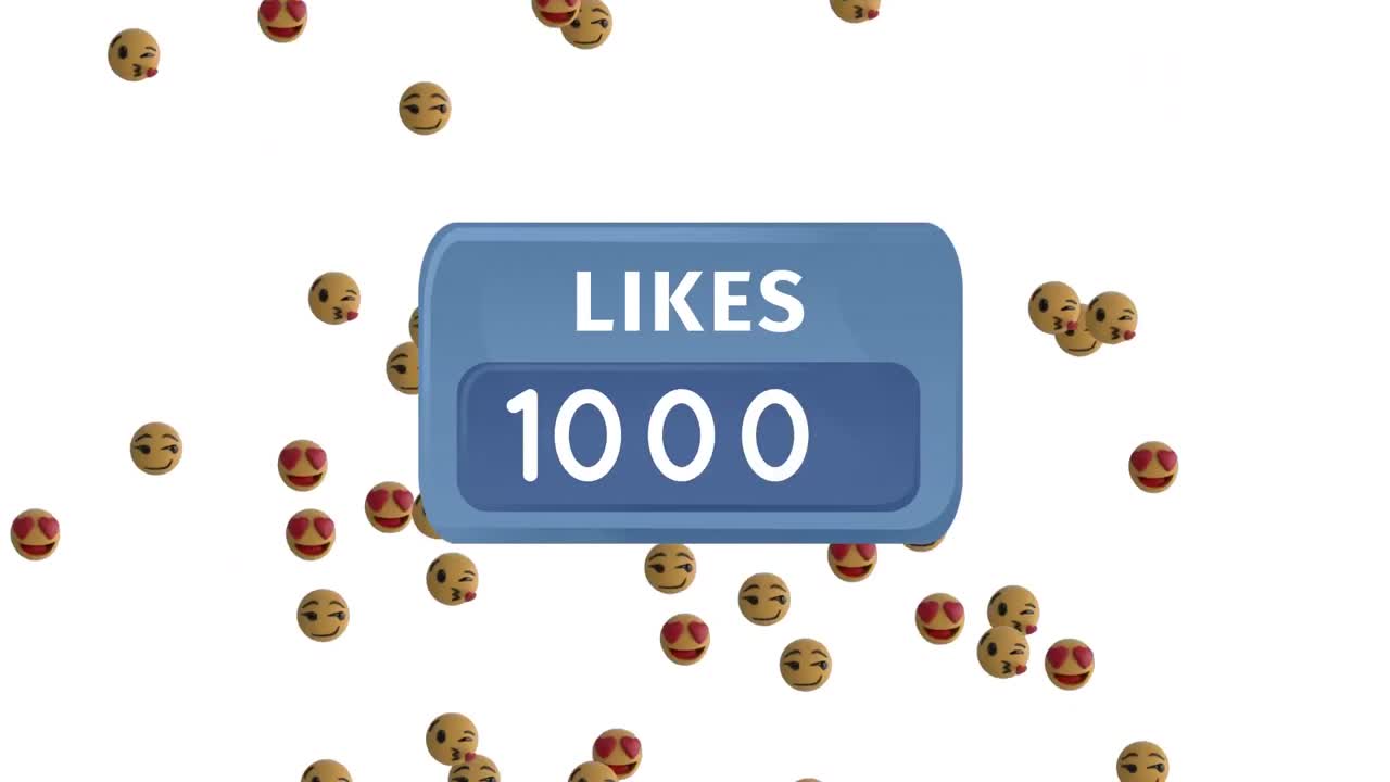 animación de números cambiantes y me gusta texto en banner azul con emojis en fondo blanco