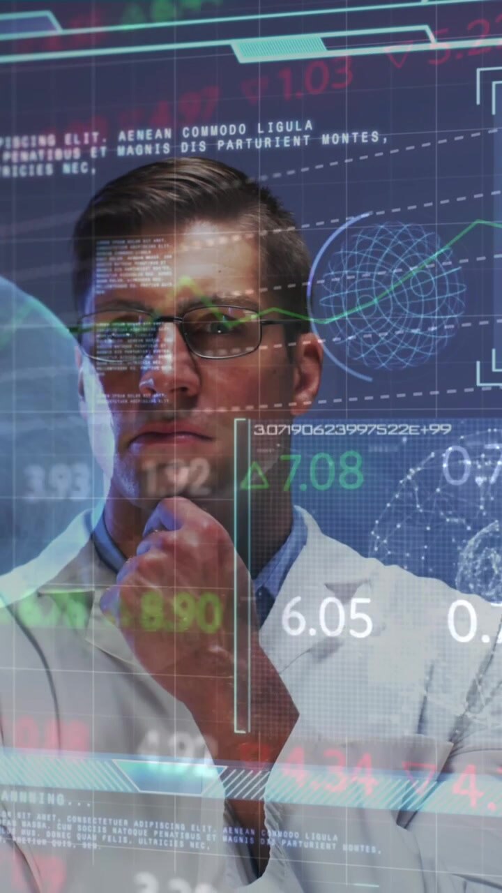 Animation of screen with covid 19 cell and data processing over male doctor
