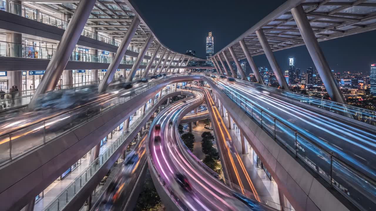 Urban Cityscape at Night with Light Trails