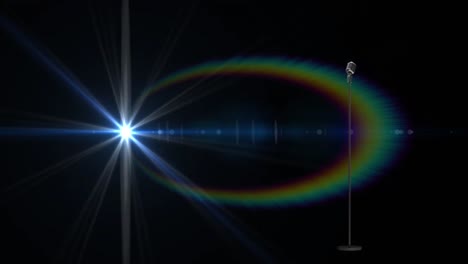 animation of light and vintage microphone on black background