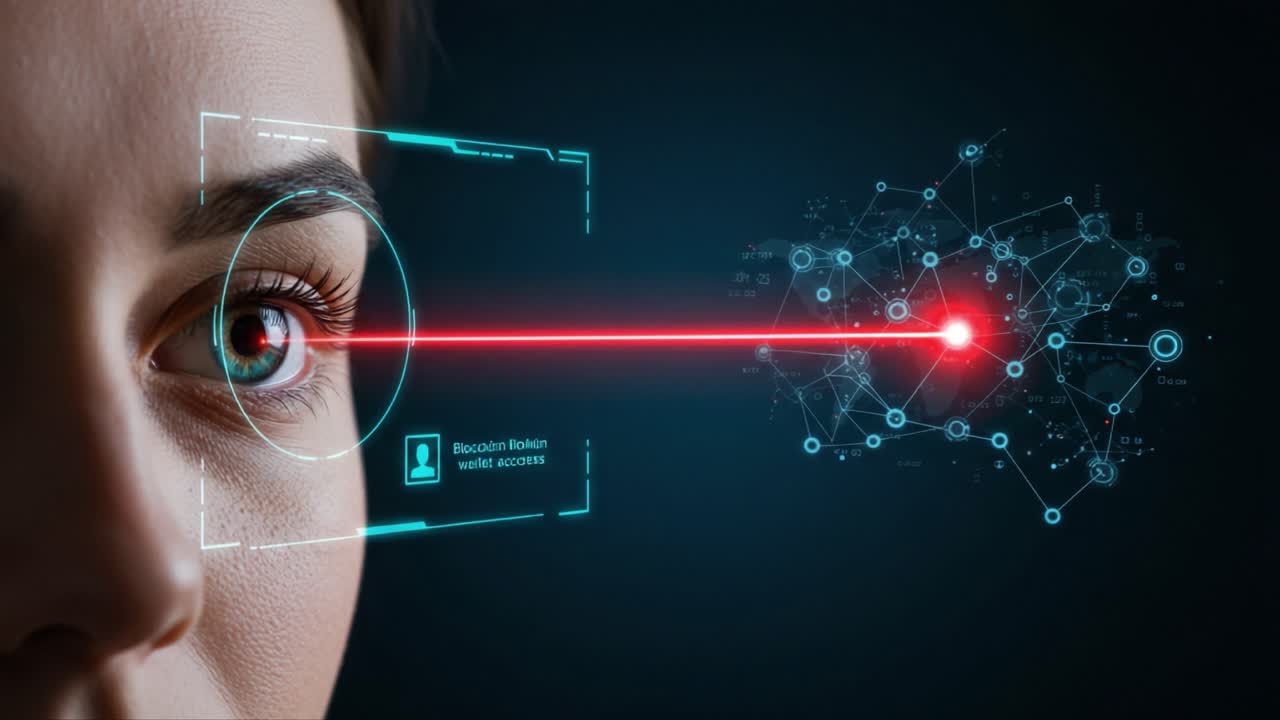 Futuristic Digital Eye Scan Highlighting Blockchain Technology Interfacing with Neural Networks and Data Realities for Enhanced Connectivity and Security