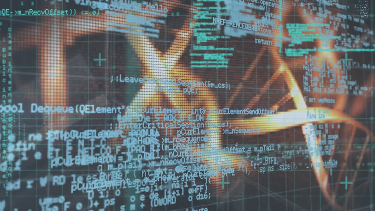 Animation of scientific data processing over dna strands on dark background