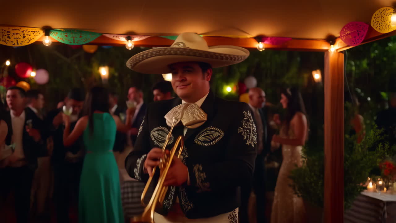 Mariachi Musician Playing Trumpet at an Outdoor Evening Party