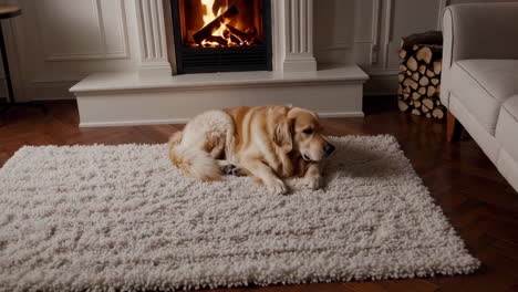 golden retriever relaxing by the fireplace