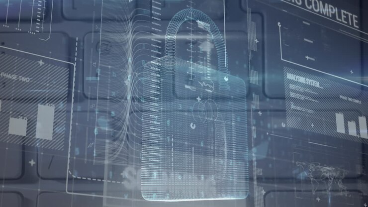 Animation of data processing, online security padlock and circuit board