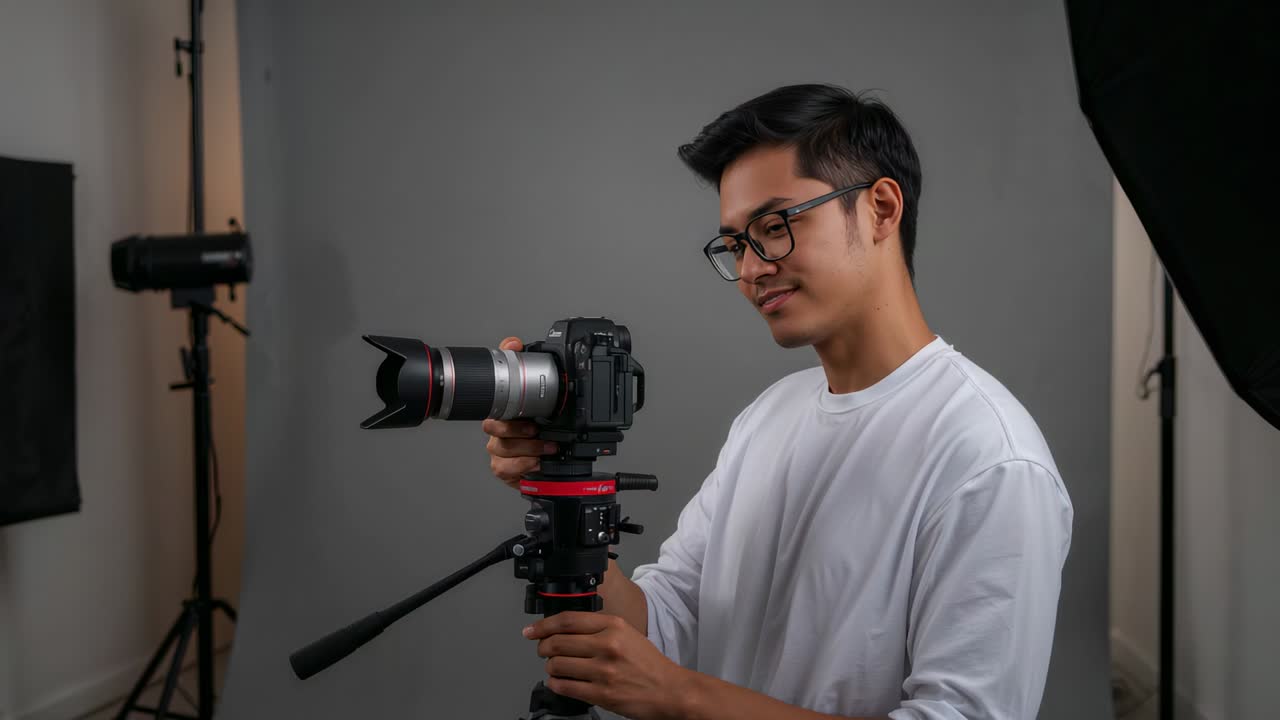 Preparing shot, Asian photographer in glasses and white shirt adjusting tripod, zoom lens in studio