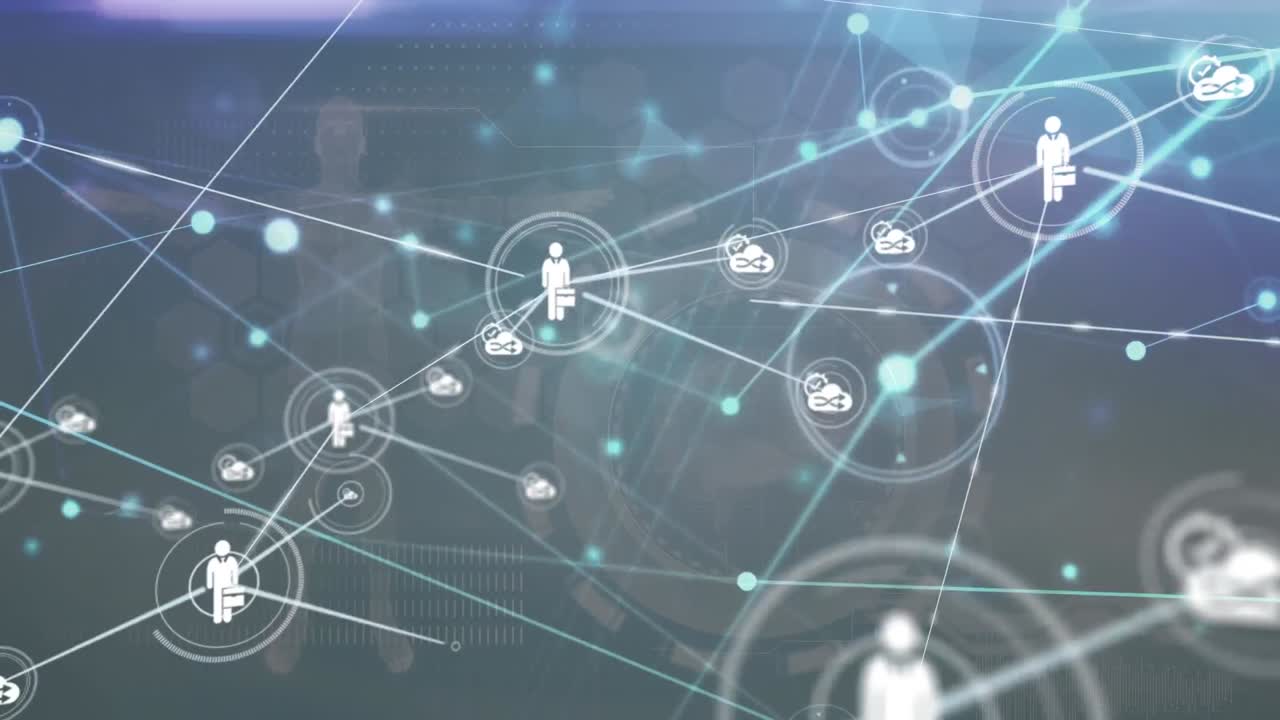 파란색 배경에 데이터 처리에 대한 아이콘으로 연결 네트워크의 애니메이션