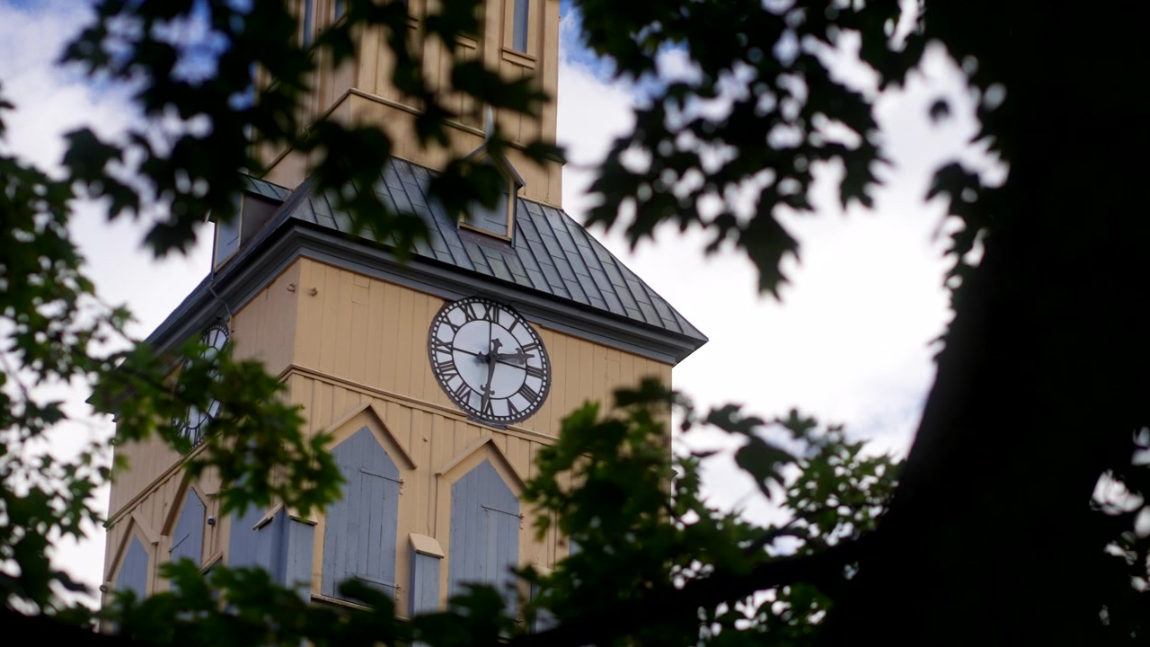 Close-up Gothic Wooden Architecture, Religious Buildings, Clock Tower, Tromso City, Norway, Scandinavia