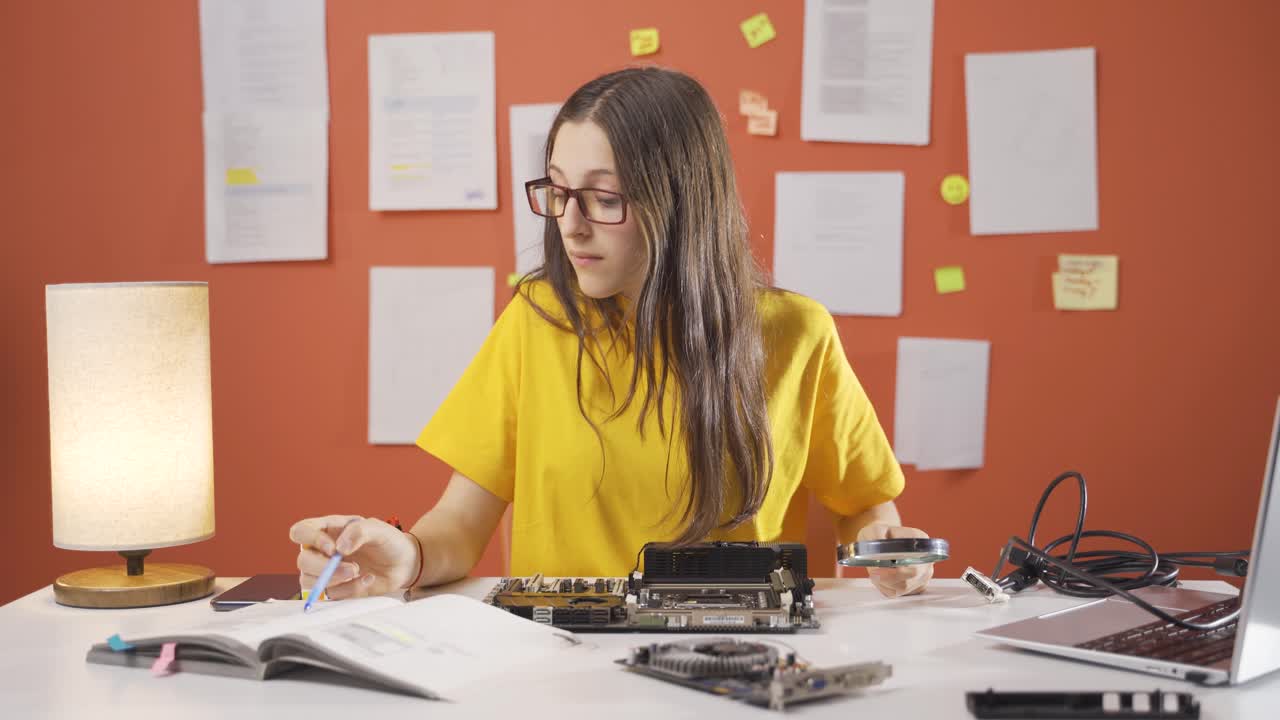 una niña inteligente y seria centrada en las cosas tecnológicas.