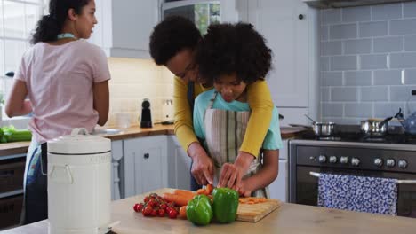 mixed race lesbian couple and daughter preparing food in kitchen