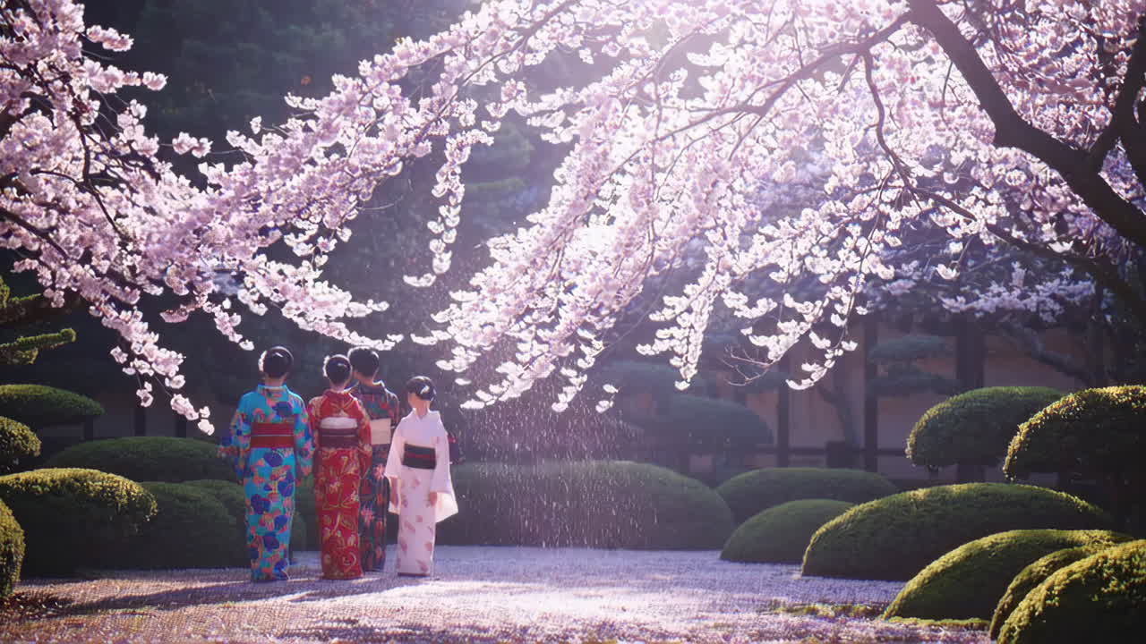 Japanese Women in Kimonos Under Cherry Blossoms