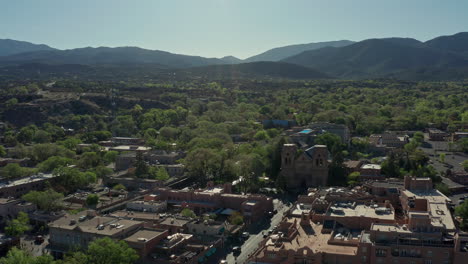 aerial over city of santa fe new mexico in springtime