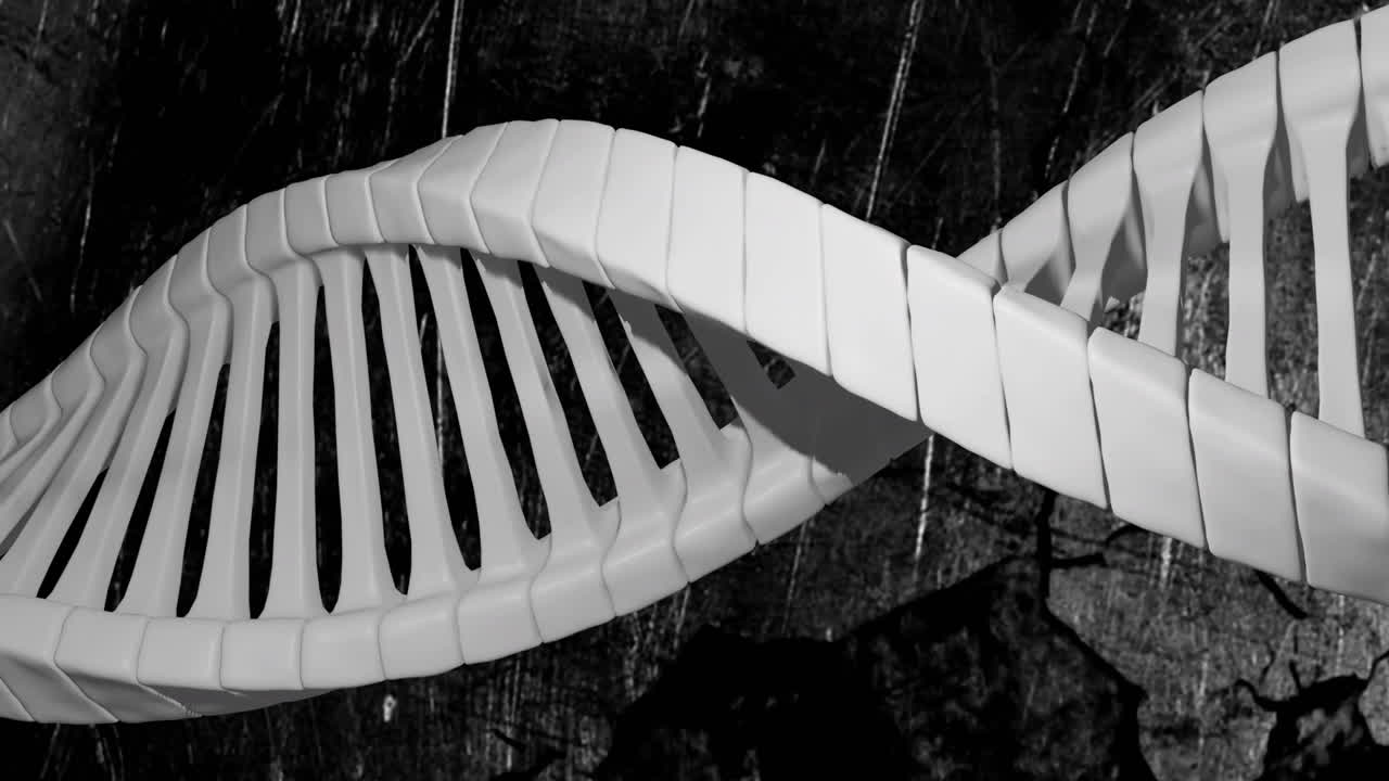 Twisting DNA strand over cracked earth, symbolizing animation in genetic research