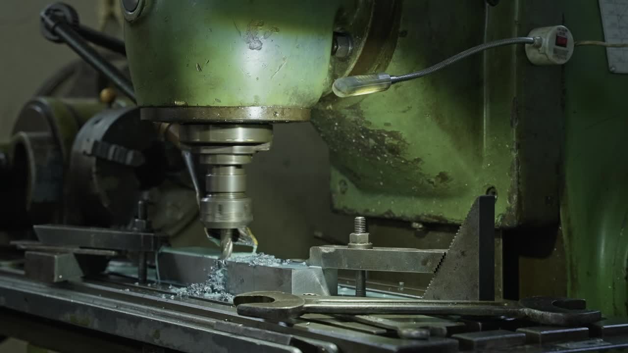worn lathe machine cuts aluminum with shavings and tools in foreground
