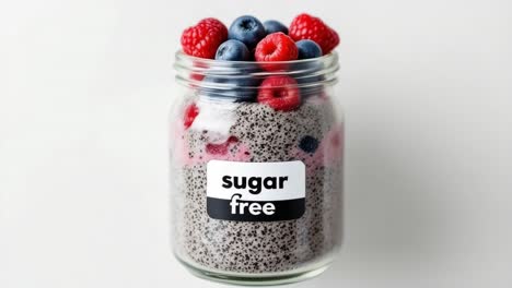 jar filled with sugar-free dessert featuring layers of colorful ingredients, topped with fresh raspberries and blueberries, showcasing a healthy and appealing treat for nutritious lifestyles