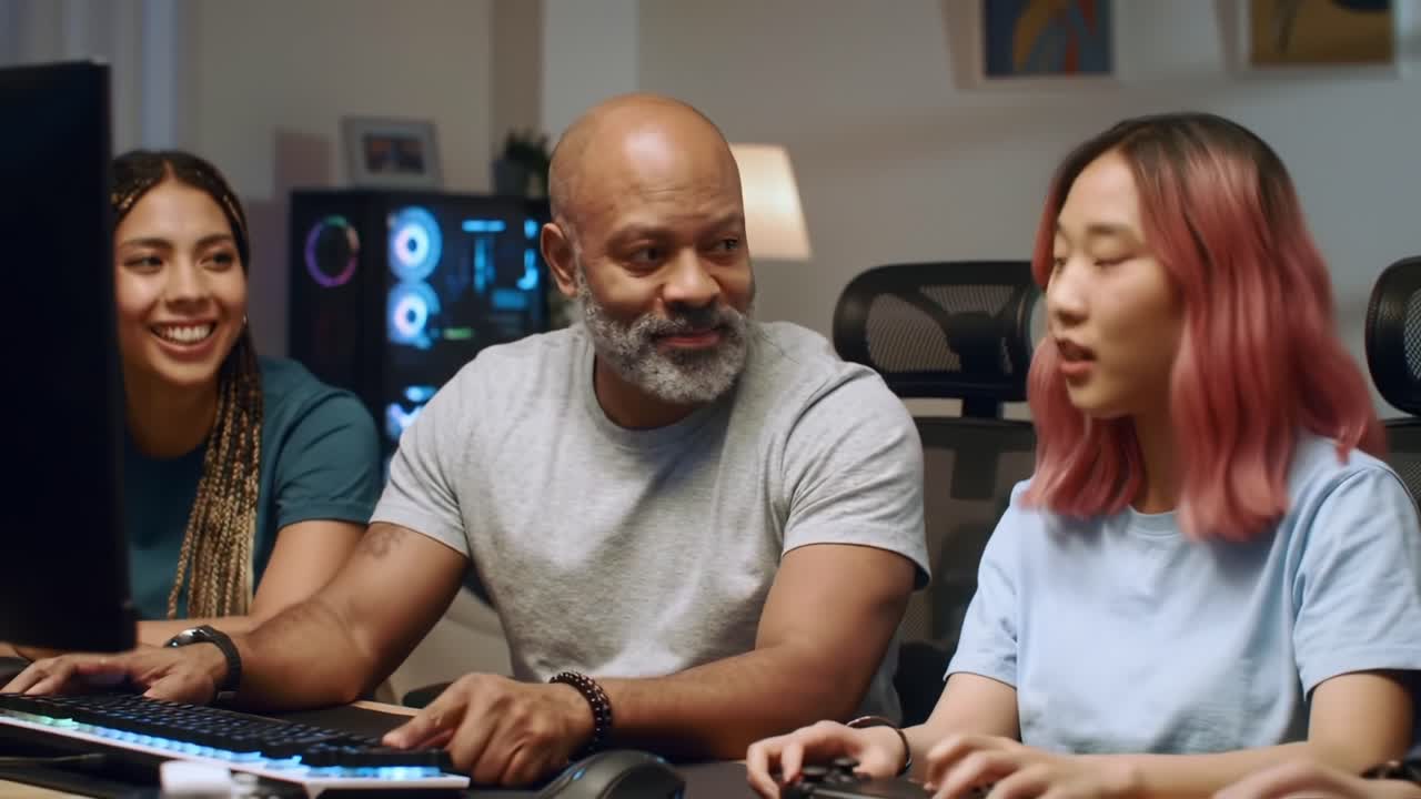 A Dynamic Gaming Session with Friends: Engaged in Playful Competition and Strategy, This Group Showcases the Joy of Multiplayer Experiences in a Modern Setting