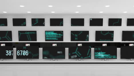 animation of digital data processing across multiple flat screen tvs in shop display