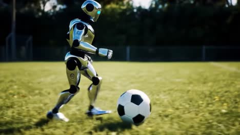 an advanced robotic soccer player showcases precision and agility while dribbling a soccer ball across a lush green field in a captivating display of technology and sports