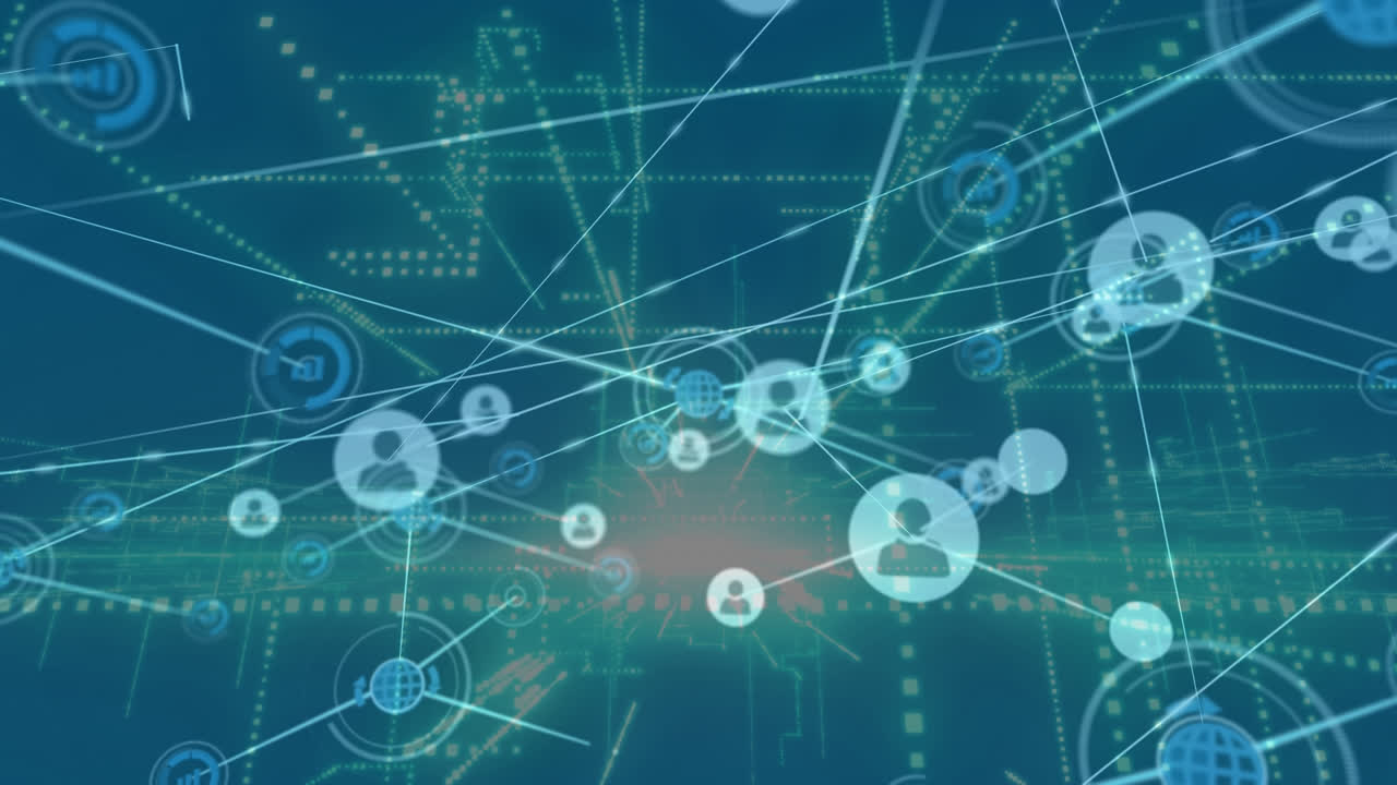 파란색 배경에 아이콘과 데이터 처리를 가진 연결 네트워크의 애니메이션