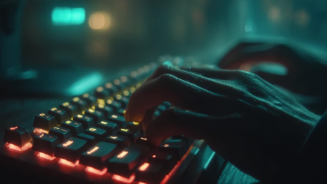 Nærbillede af hænder der skriver på et farverigt tastatur med baggrundsbelysning i et svagt oplyst rum, der fremhæver blandingen af teknologi og atmosfære i gaming eller kreativt arbejde