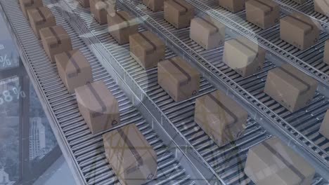 animación del procesamiento de estadísticas sobre cajas de cartón en cintas transportadoras