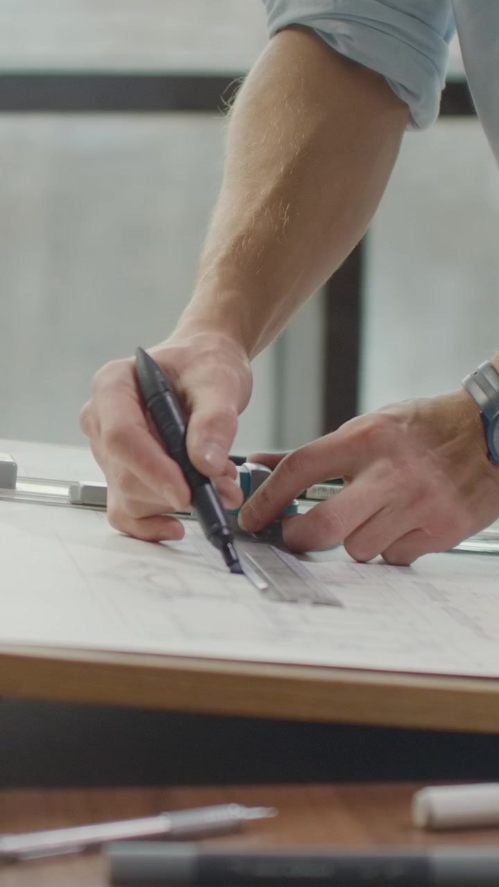 Arquiteto desenhando plantas técnicas em prancheta de desenho