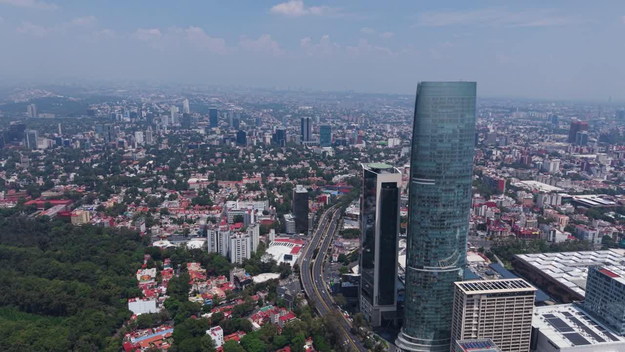 Sunny morning in Mexico City's southern zone, with skyscrapers as protagonists, drone view