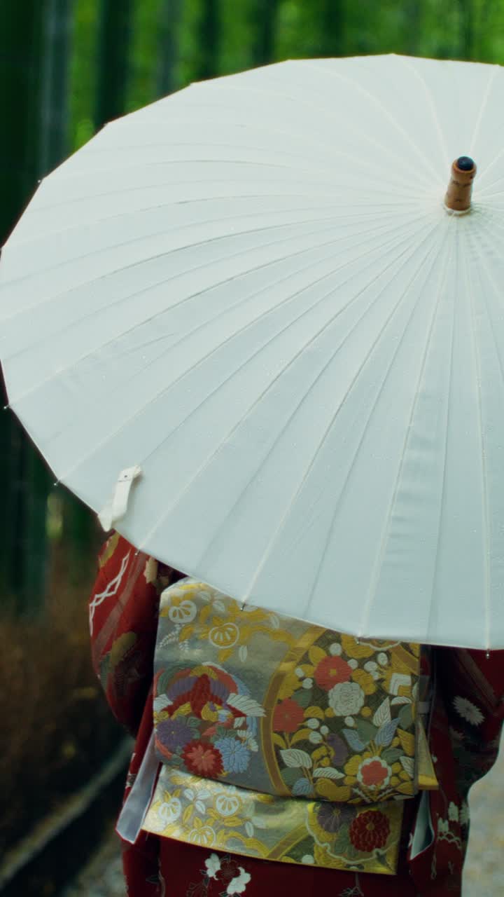 Woman in Kimono with Umbrella in a Bamboo Forest