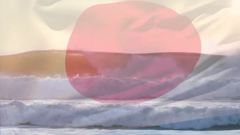 Animation-of-flag-of-japan-blowing-over-wave-in-sea