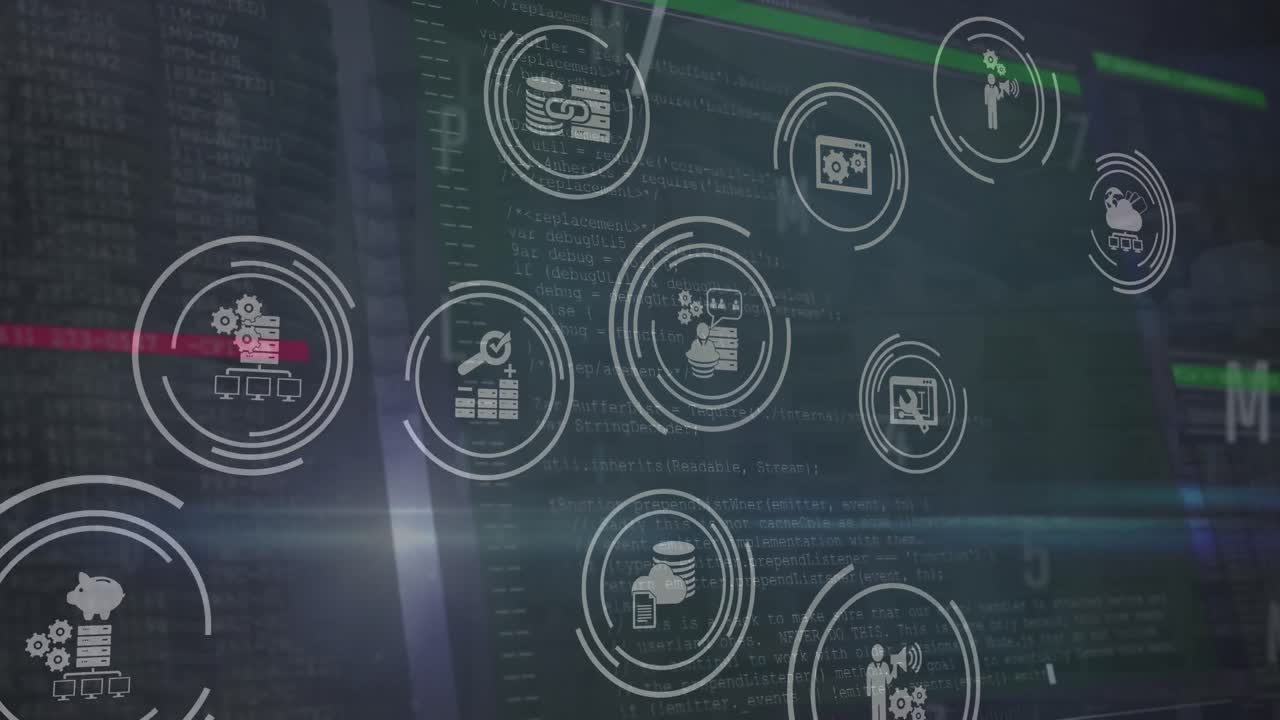 Animation of digital icons, data processing, changing numbers and alphabets against tall buildings