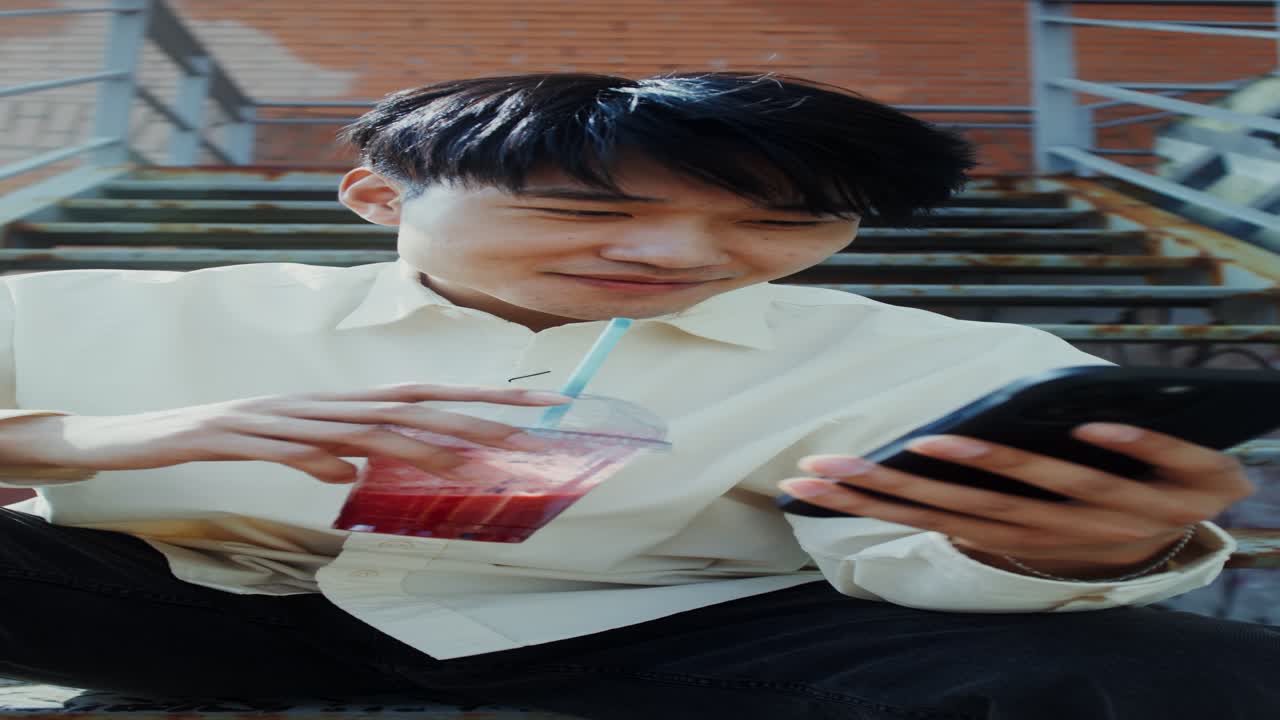 젊은 남자가 스무시를 마시며 계단에서 전화를 사용하고 있습니다.