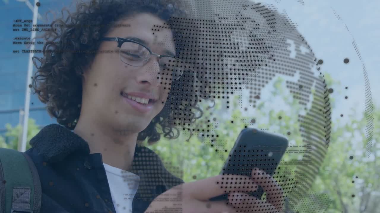 animación de interfaz digital sobre hombres biraciales que usan teléfonos inteligentes