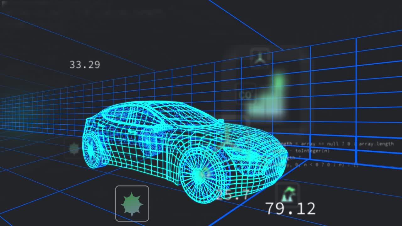 animación de iconos eco y procesamiento de datos sobre dibujo técnico de automóviles en 3d