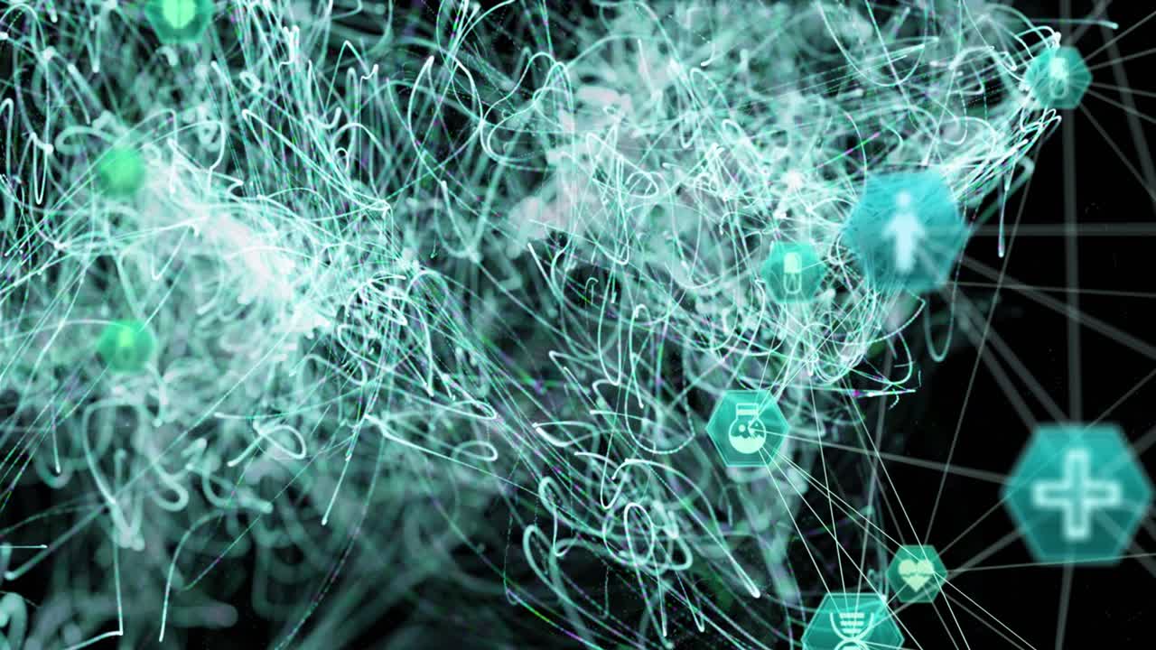 animación de una red de iconos médicos que giran sobre un fondo negro