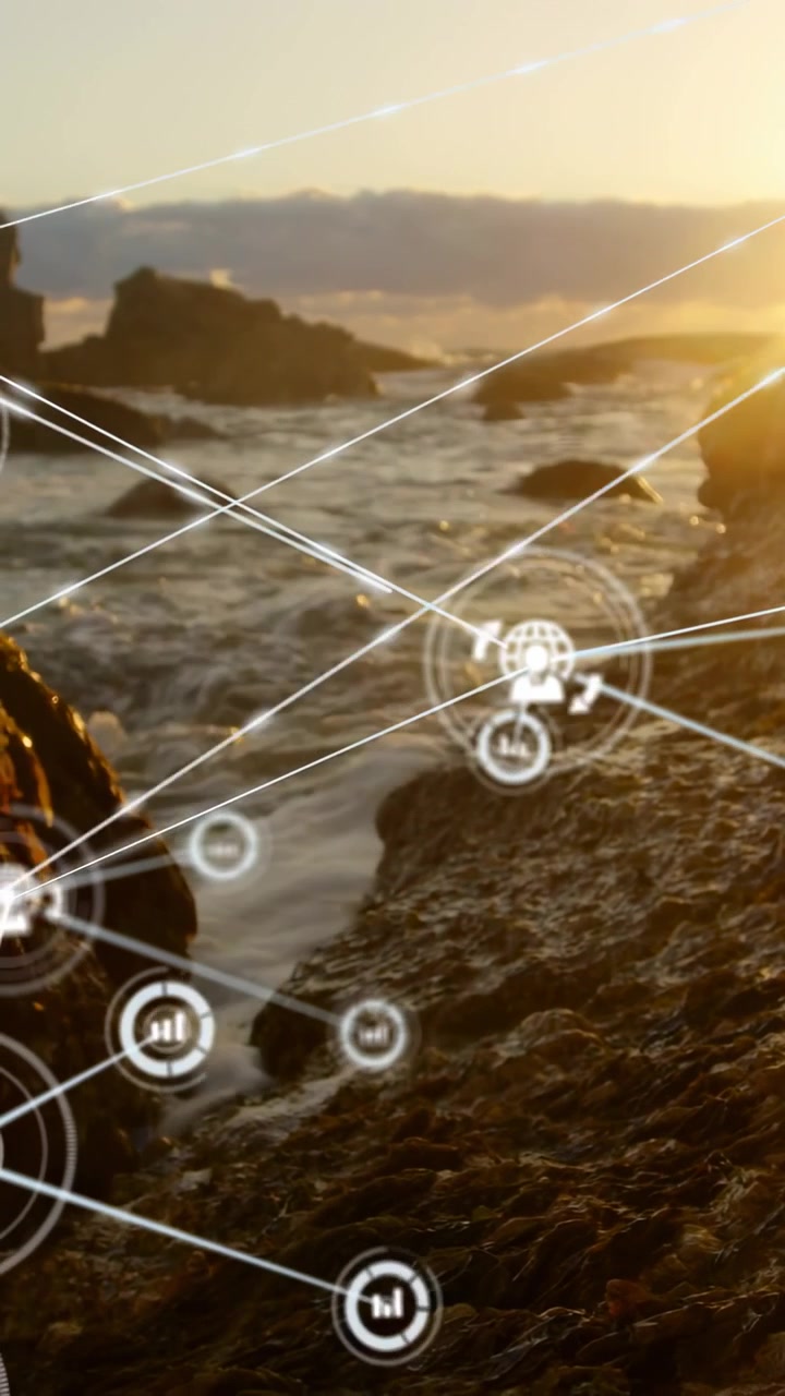 Video verticale: Punto HUD che appare e pulsa sopra le rocce, espandendosi in una rete globale per il design tecnologico.