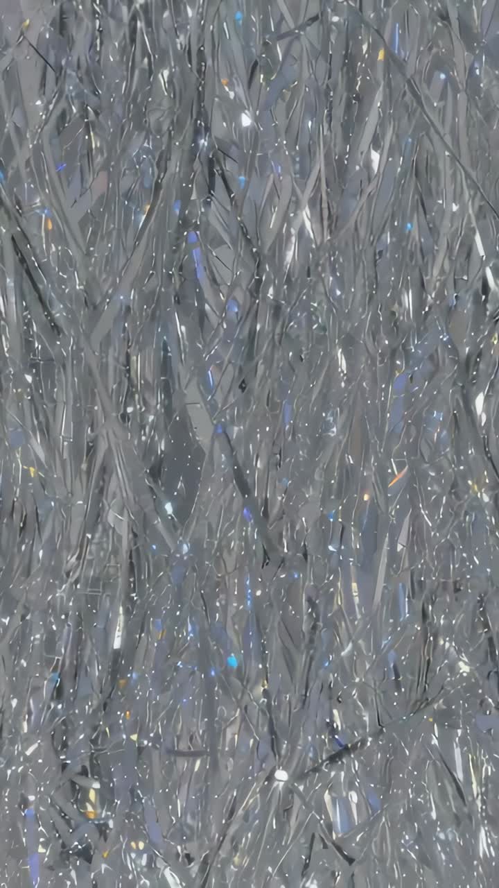 Vertical video: Shining silver tinsel reacting to light shift in studio, creating blue glints