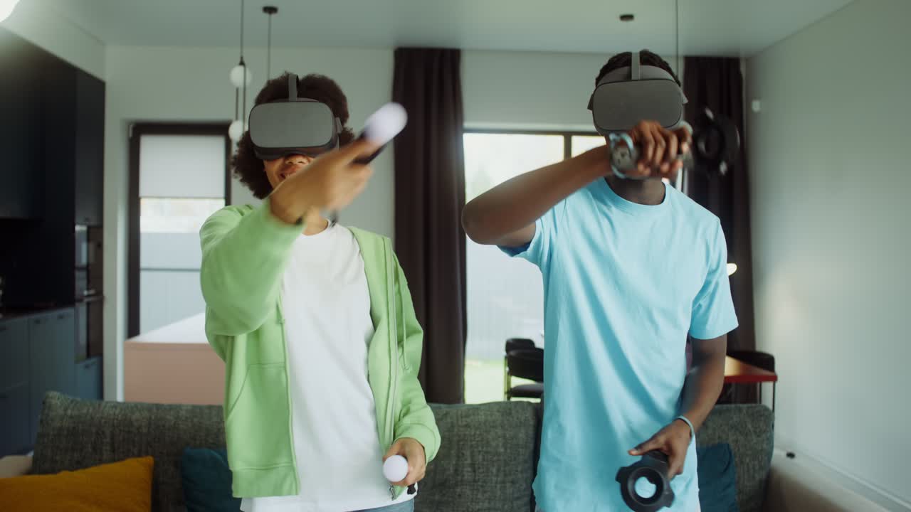 Couple playing VR games at home