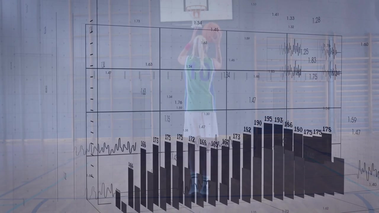 Giocatrice di basket che si allena a tirare con sovrapposizione di analisi dati