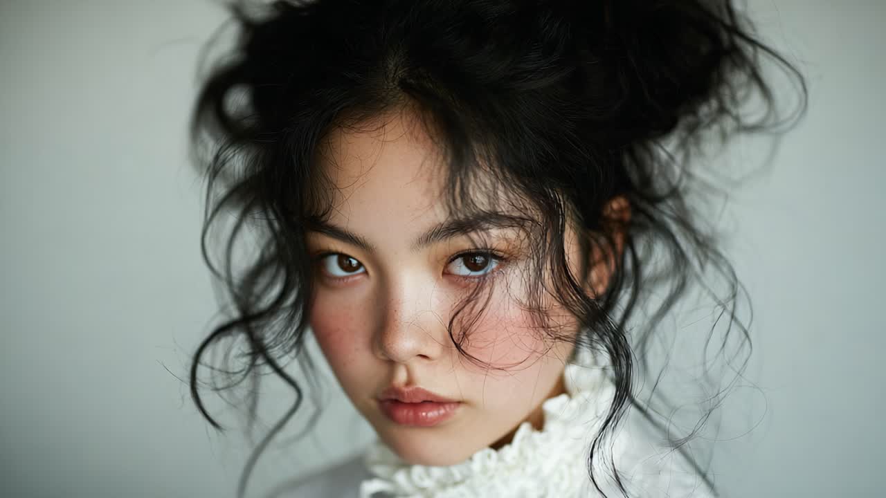 Captivating Portrait of a Young Woman with Expressive Eyes and Delicate Features, Showcasing a Beautiful Ethereal Aura and Unique Hairstyle
