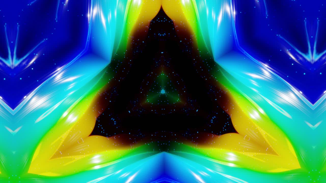 Strutture 3D simmetriche astratte con animazione in loop, sfumature di colore arcobaleno fluide. Effetto caleidoscopio con onde frattali astratte. Bellissimo sfondo astratto con motivo 3D. Profondità di campo