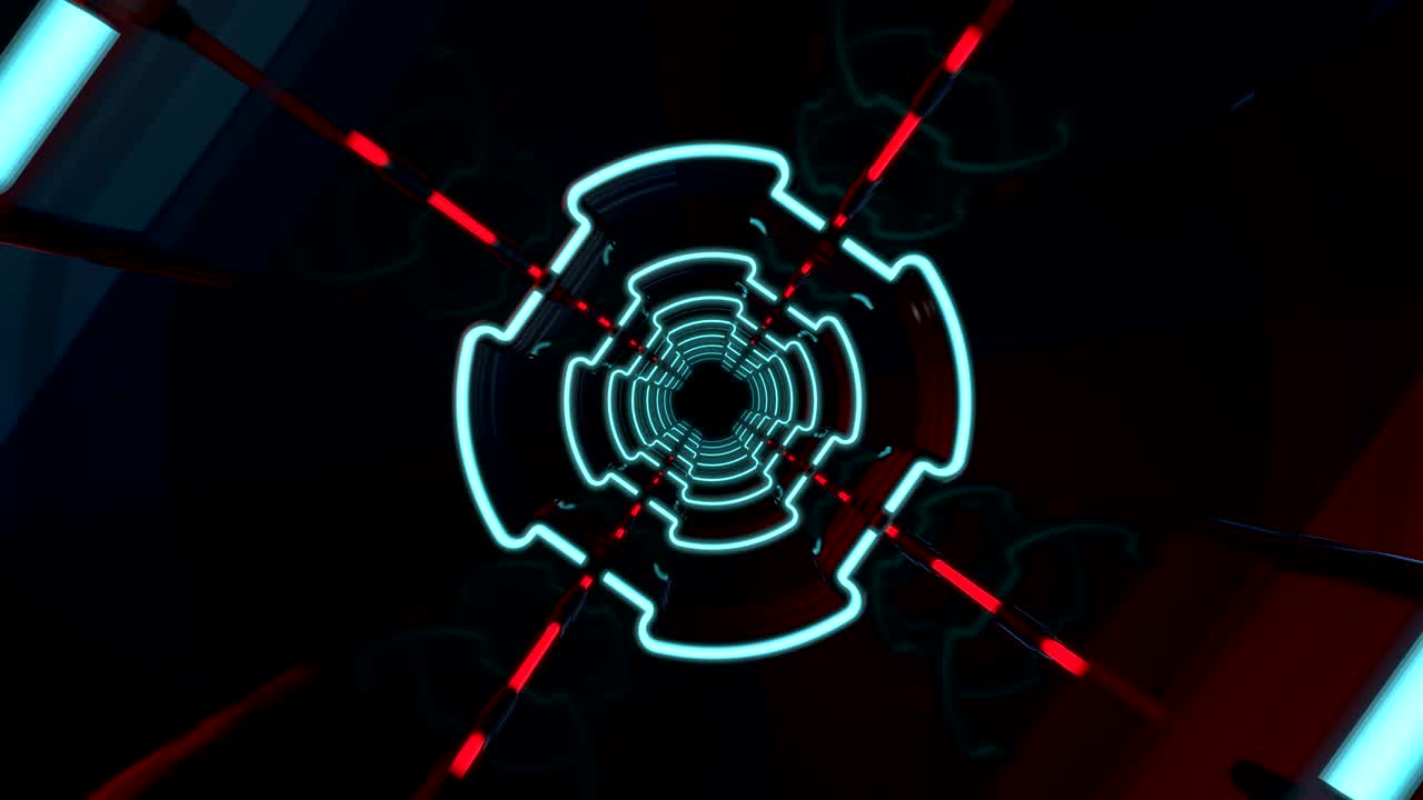 Flight in abstract futuristic tunnel with neon light.
