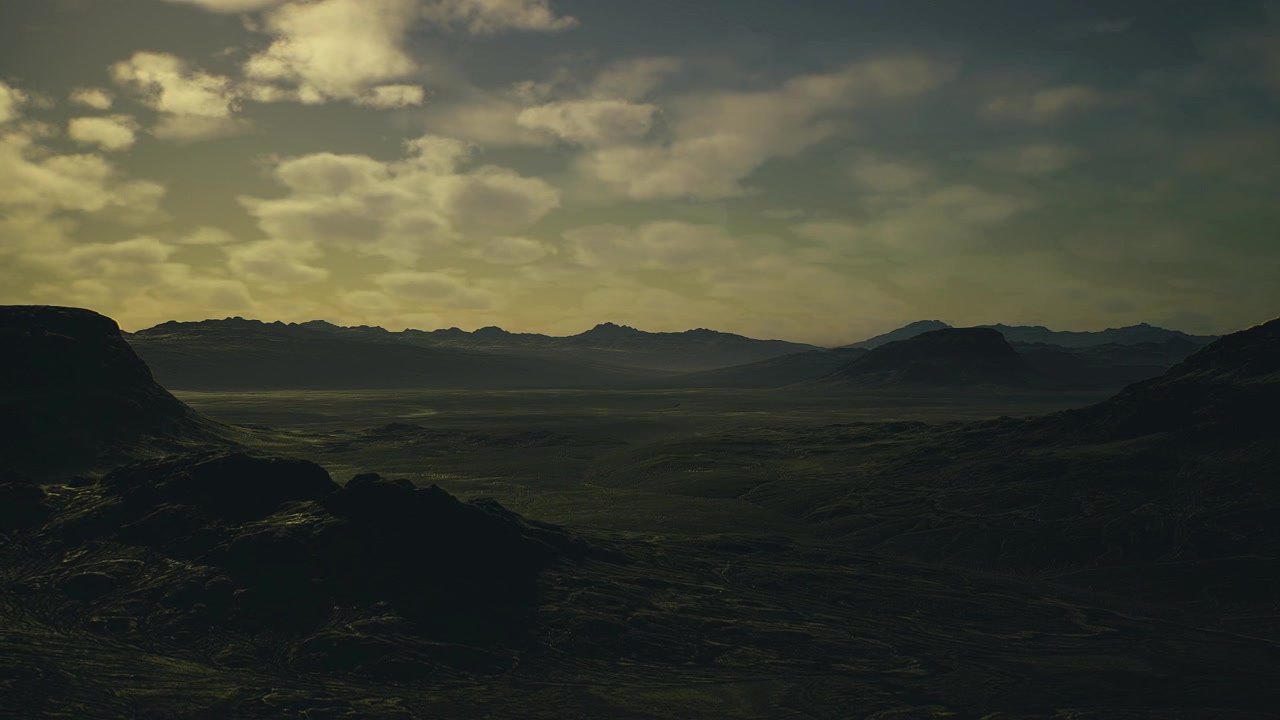 Vast rocky plateau illuminated by dim light with textured grasses in foreground