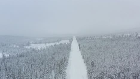 High angle shot of an empty road in the middle of Lapland during winter.
