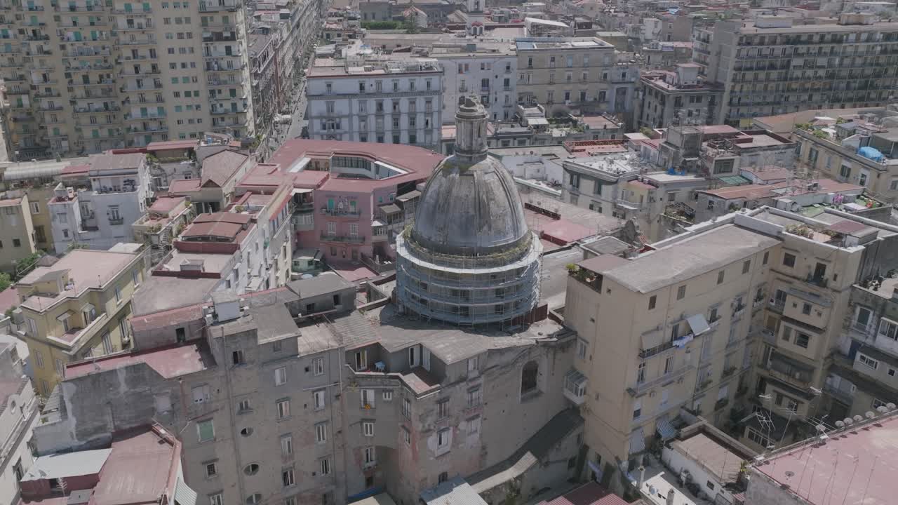 Aerial footage of the dome of Sant'Aspreno ai Crociferi in Naples, Italy.