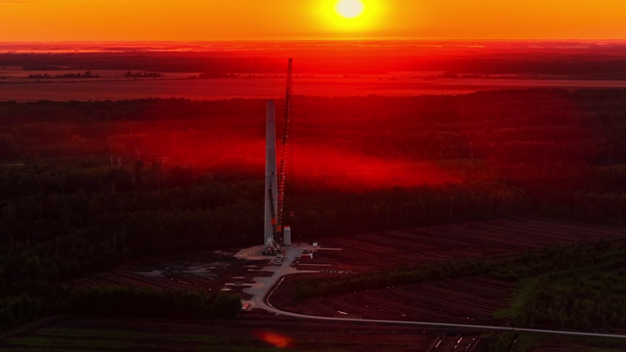 Construction and assembly of Lativa's biggest wind park or wind farm at Līvbērzes near Jelgava, Latvia during a glowing sunset and haze over the forest - aerial view