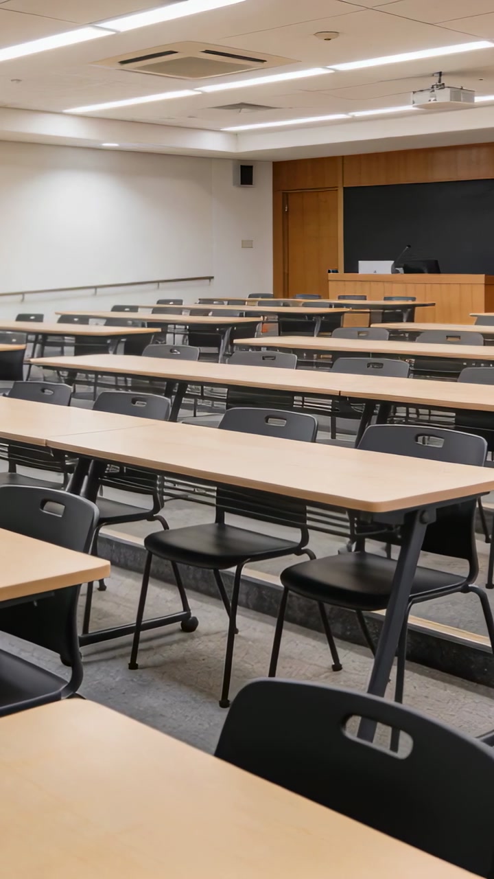 Vertical video: Subtle camera shift panning right forward in lecture hall framing lectern projector