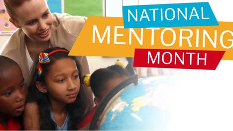 animation of national mentoring month text over smiling caucasian female teacher with schoolchildren